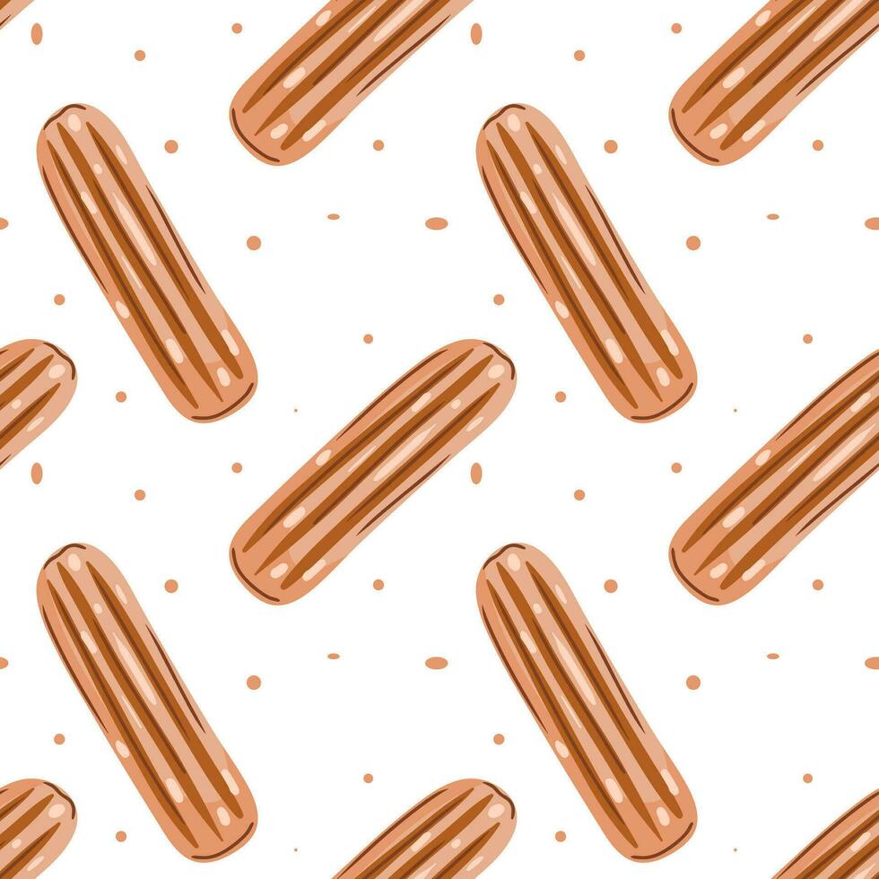 Abstract pattern with eclair on a beige background. Pattern with fragrant French desserts for coffee shops, bakeries, restaurants vector