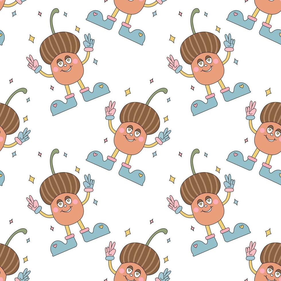 Abstract pattern with the acorn Groove is a character with raised hands that show a like. Smile groovy acorn vector