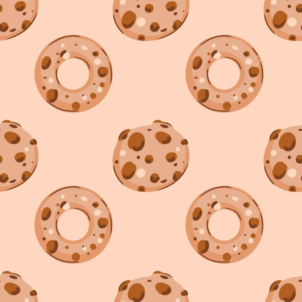 Abstract pattern with donuts and cookies with chocolate on a beige background. A cozy hugo-style pattern vector
