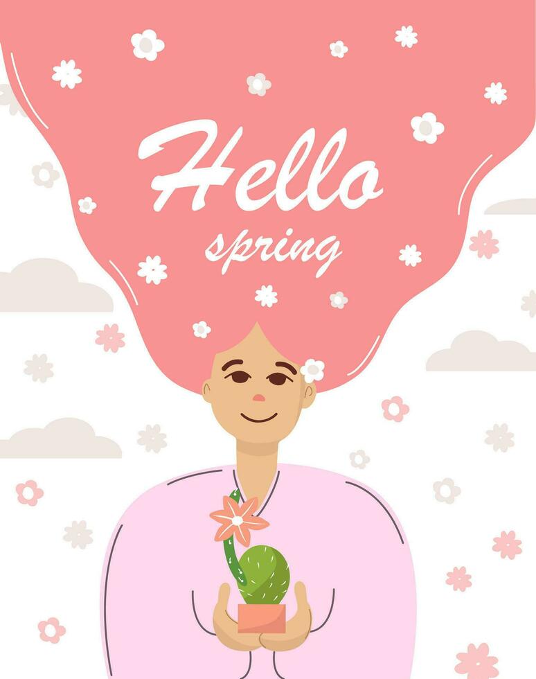Hola primavera. primavera niña con largo pelo sostiene flores en su manos. tarjeta postal y un bandera para primavera. rosado antecedentes vector