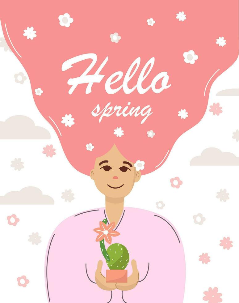 Hello spring. Spring girl with long hair holds flowers in her hands. Postcard and a banner for spring. Pink background vector