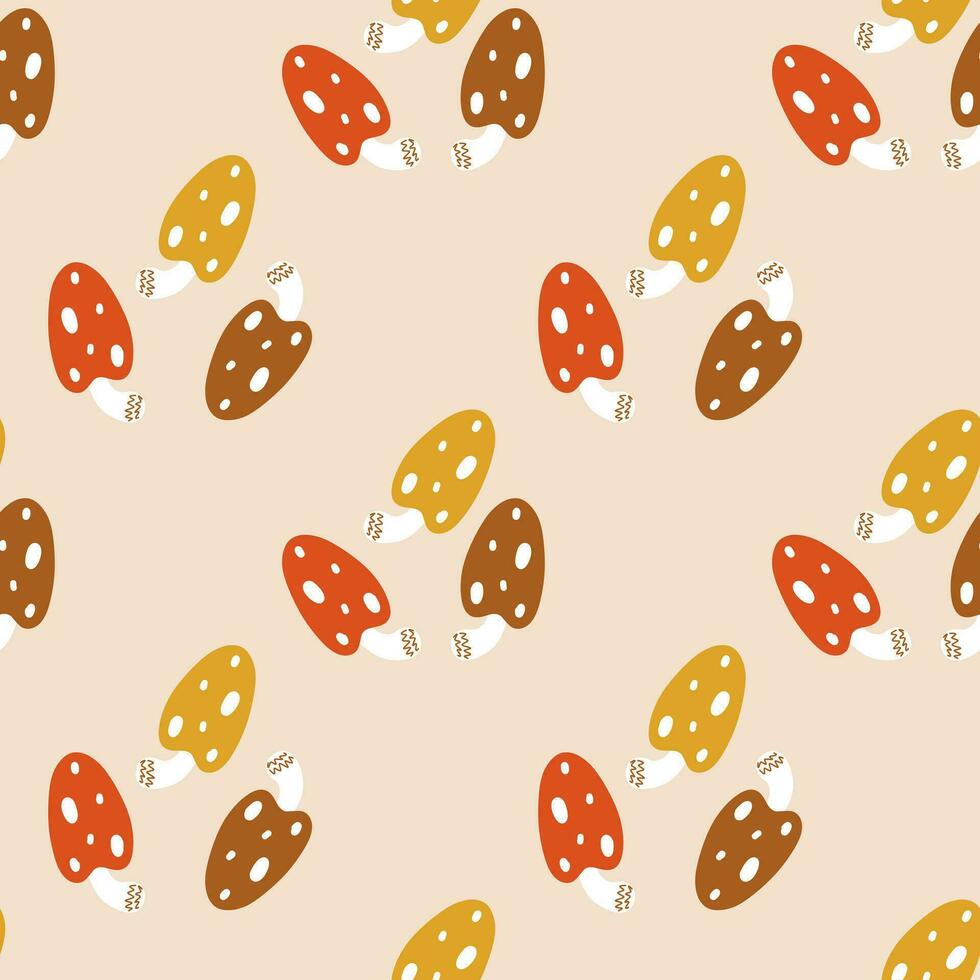 Pattern with toadstool mushrooms on a beige background. Yellow, red and brown mushrooms vector