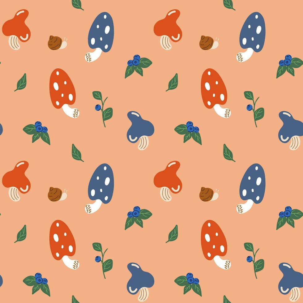 Cute pattern with mushrooms, blueberries, snails, greens on a beige background. Pattern for children's clothes, printing on bed linen. vector