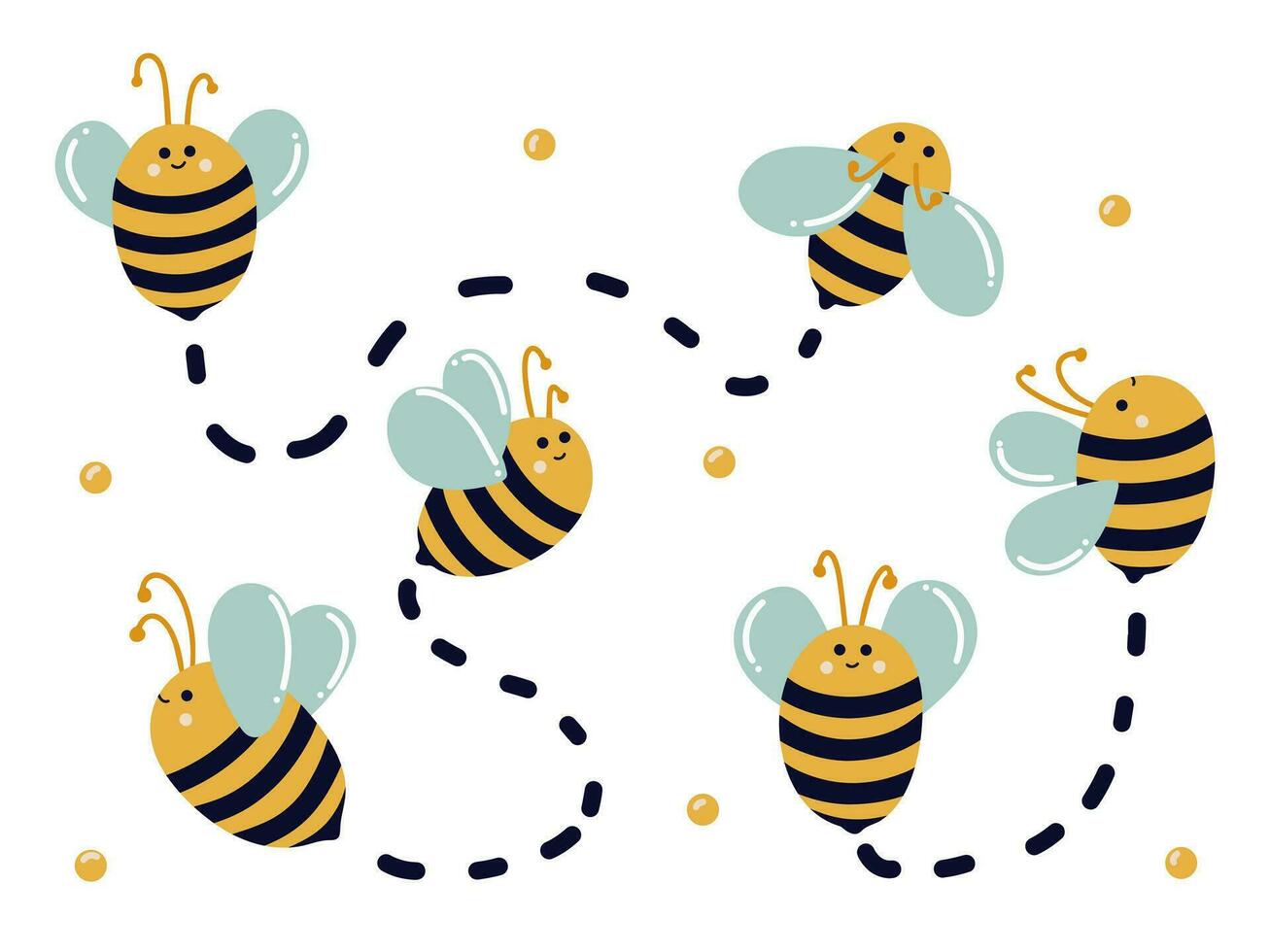 Bees fly in different directions. A set of doodle bees with a direction. Child development connect two elements vector