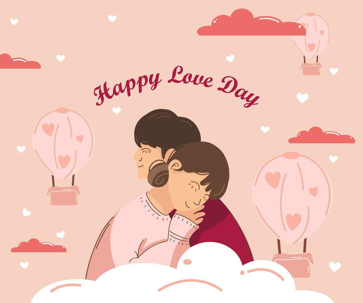 tarjeta postal con un abrazando Pareja en amor. rosado nubes contento amor día. romántico bandera vector