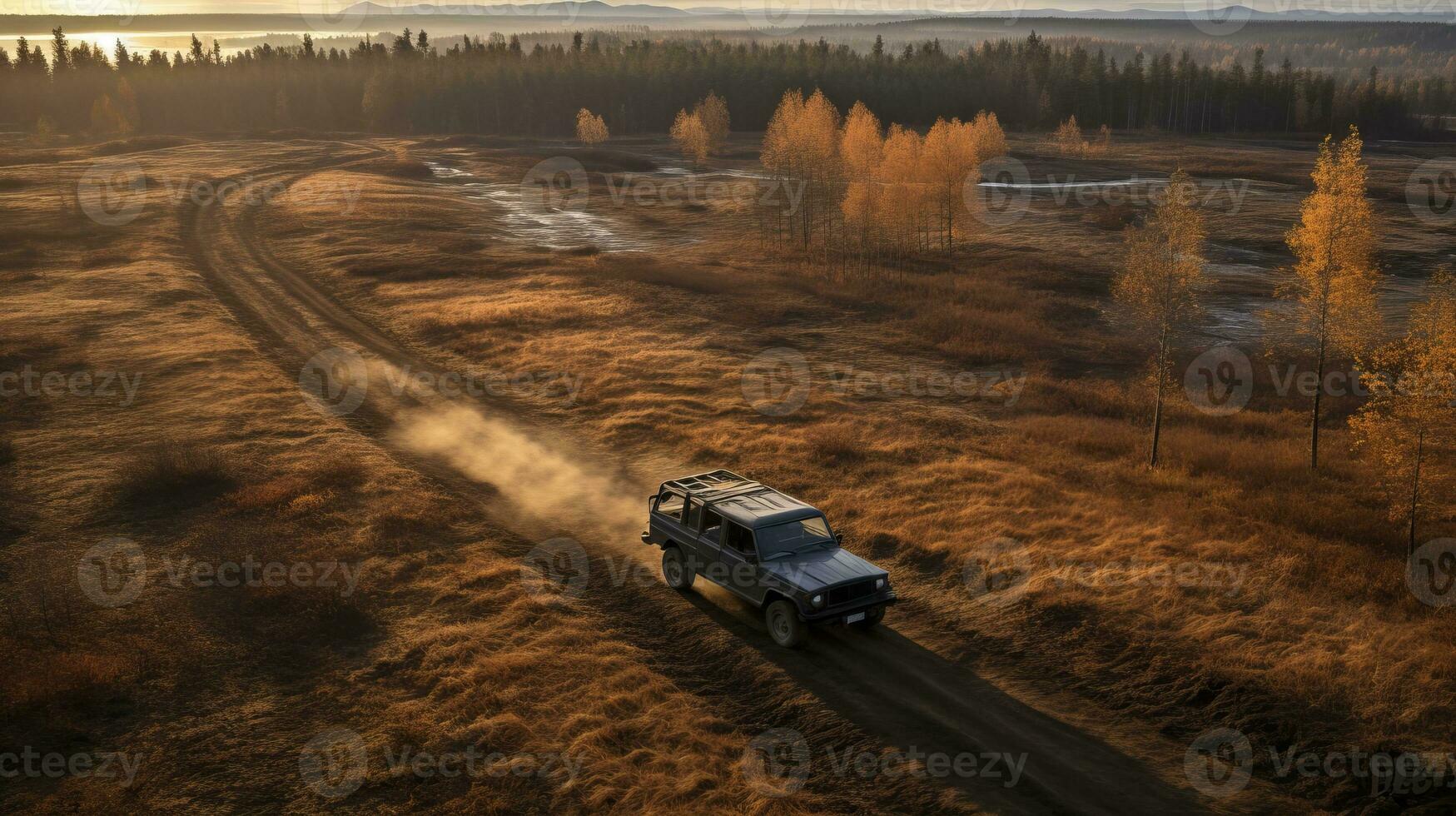AI generated Aerial view of truck and car driving on narrow forest road, immersed in natural beauty photo
