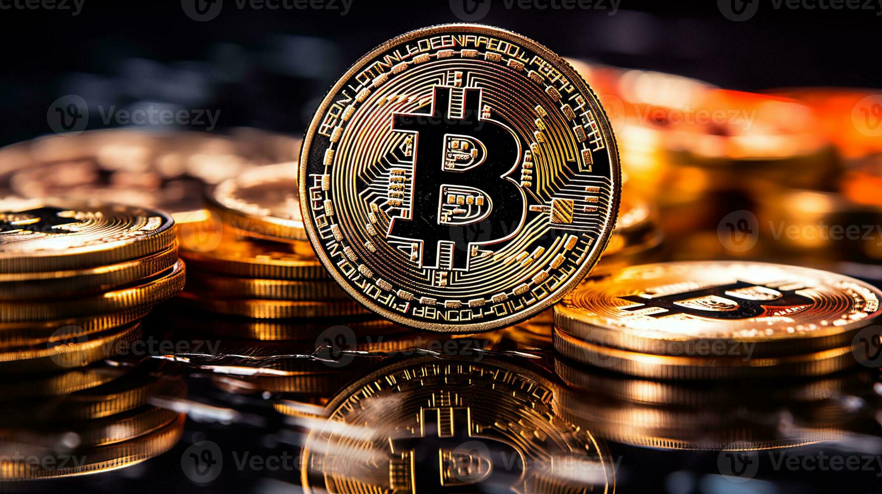 AI generated Bitcoin on blurred black abstract background with copy space and cryptocurrency concept photo