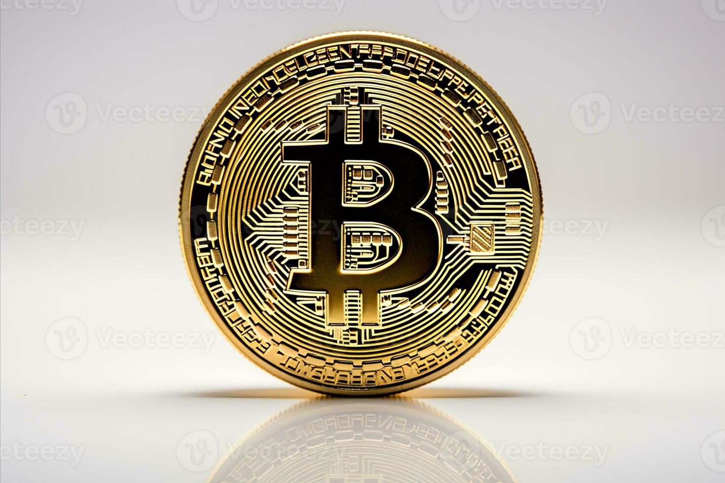 AI generated Golden bitcoin cryptocurrency coin isolated on white background with blockchain technology symbol photo