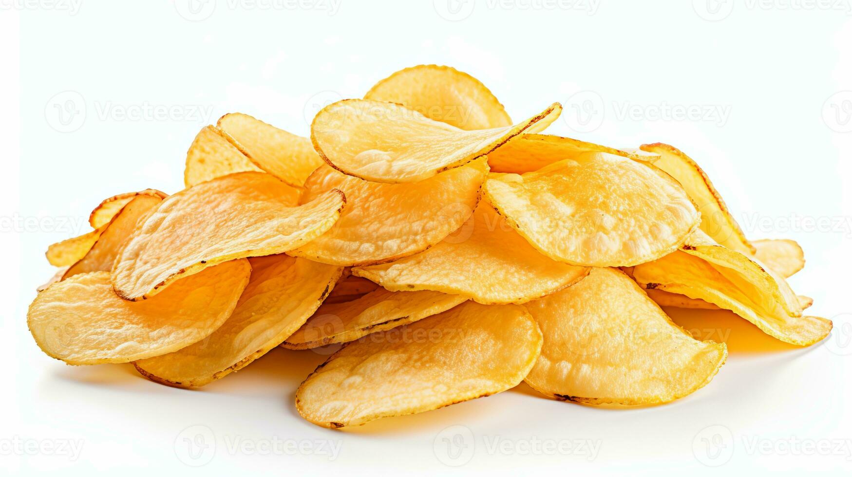 AI generated Tasty potato chips isolated on white background with ample copy space for text or design elements photo