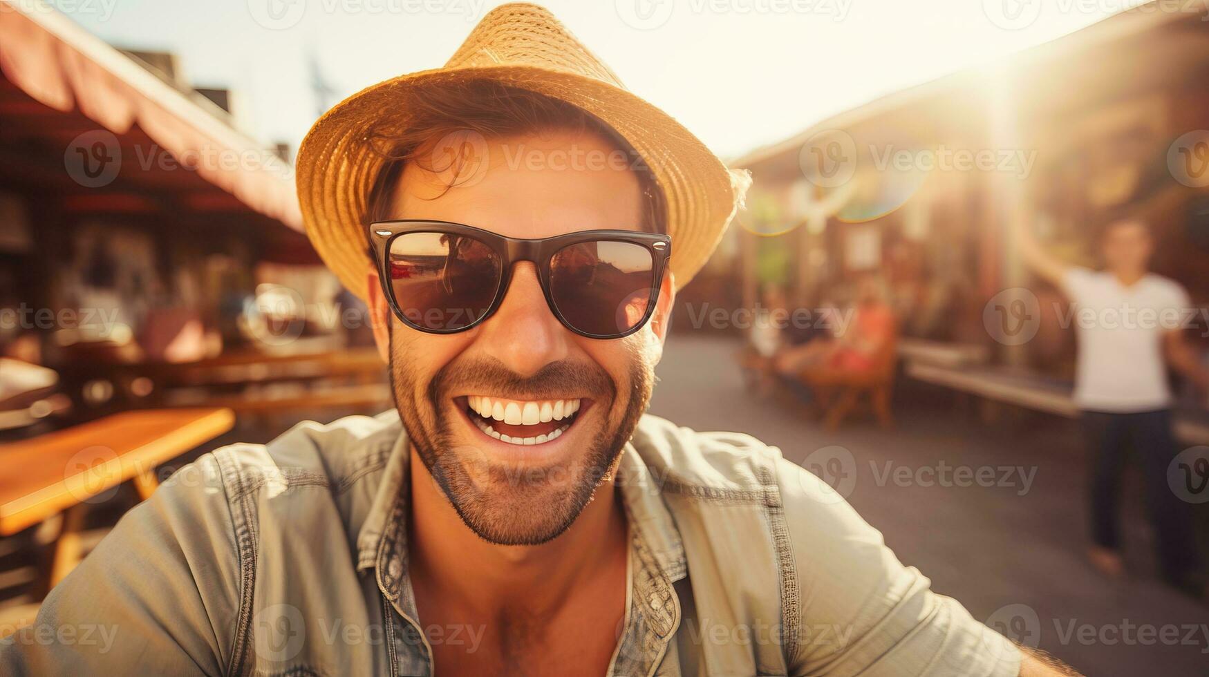 AI generated Joyful man taking travel selfie with hat and sunglasses on blurred background with text space photo