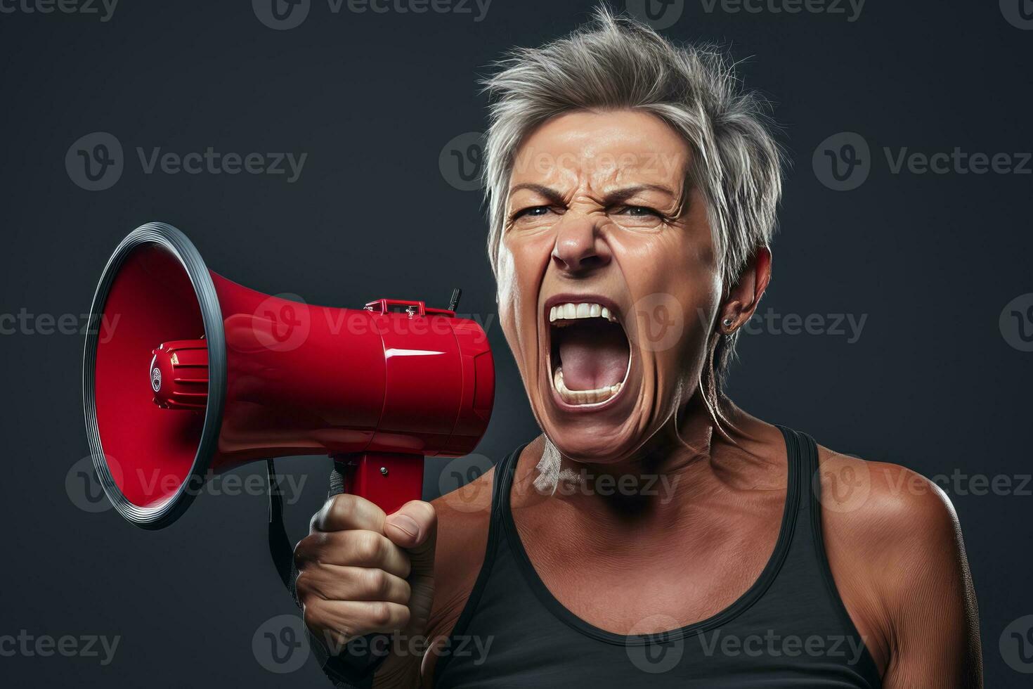 AI generated Confident senior woman expressing herself with a megaphone in a stylish fashion studio shot photo