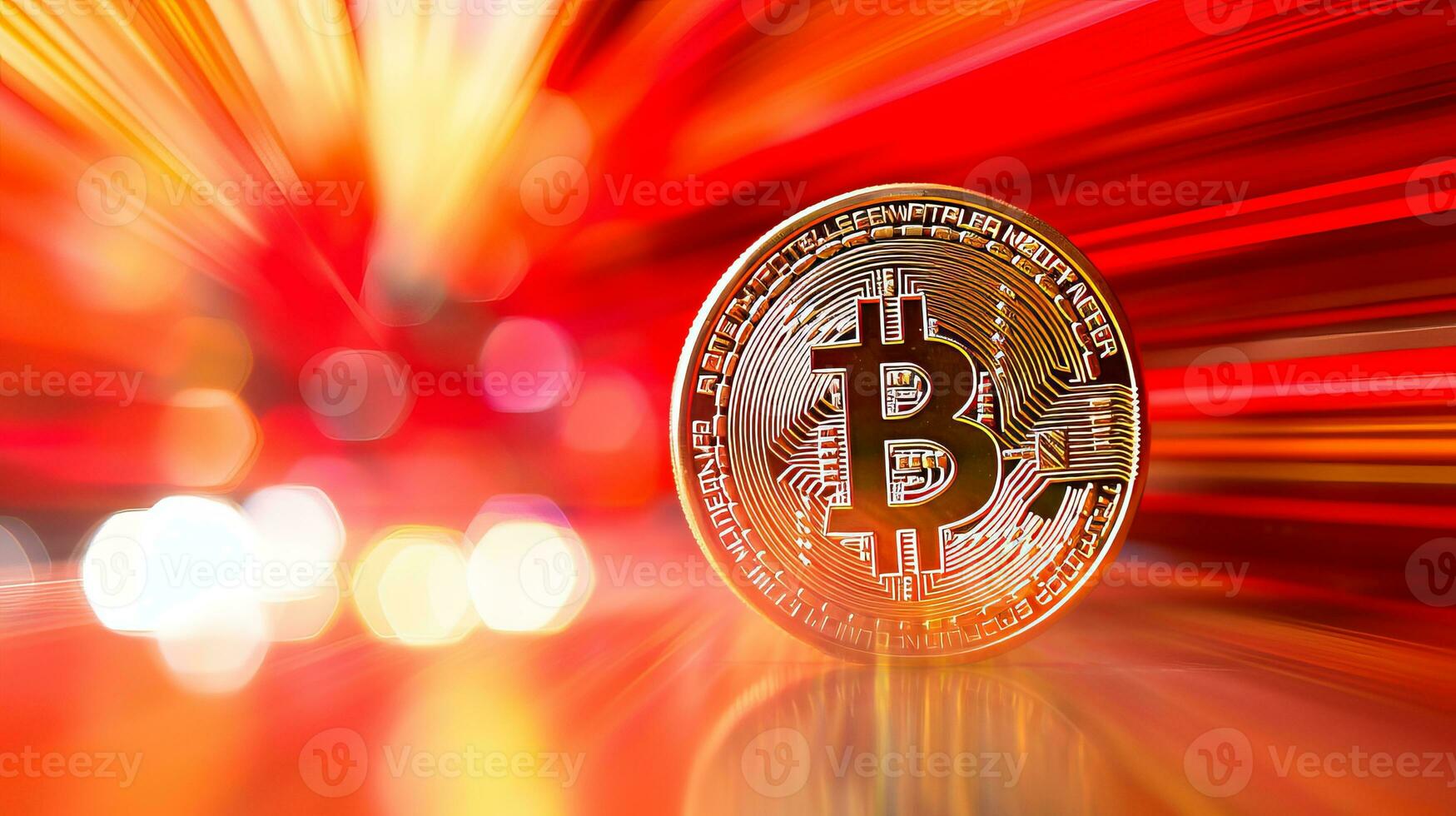 AI generated Bitcoin on blurred defocused red abstract background with copy space for text placement photo