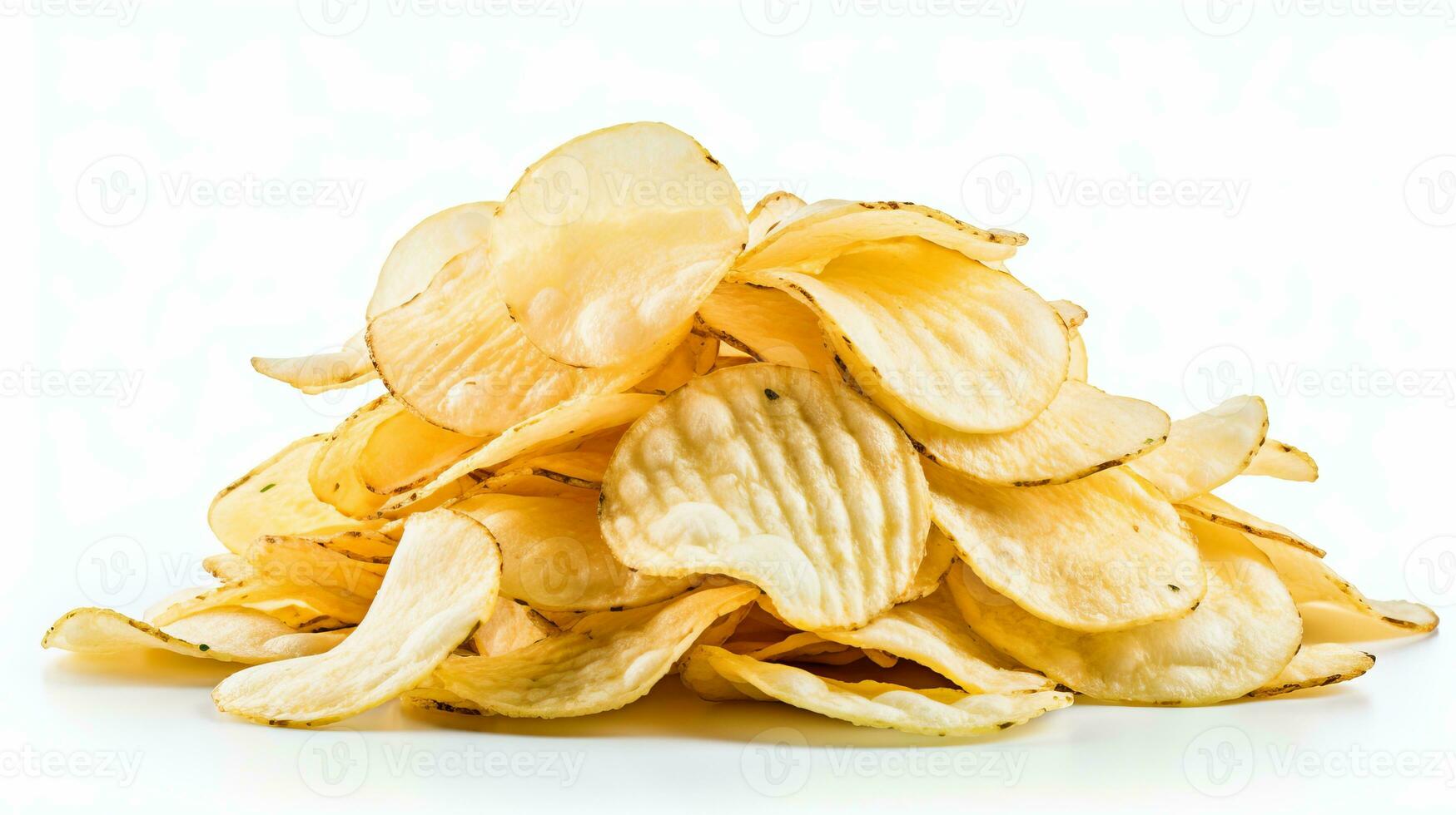 AI generated Crunchy potato chips on white background with ample copy space for text or design elements photo