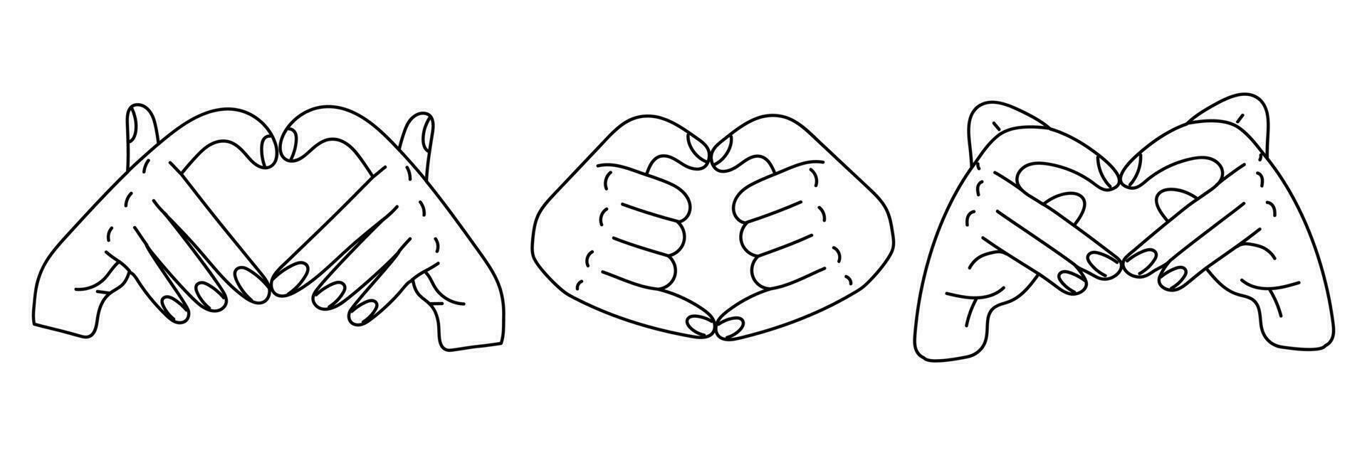A pair of hands with a heart sign indicating I love you. Valentine's Day images, heart shapes with one hand. Contoured hands join at the heart, different options. One person shows love for others vector