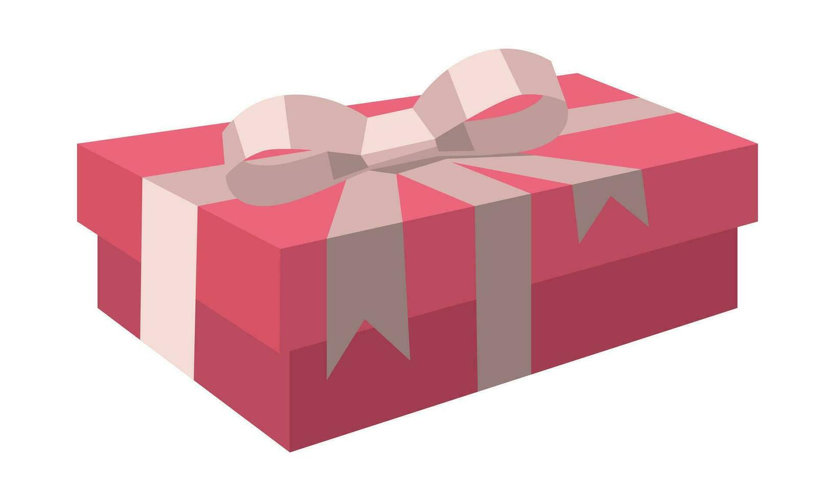 A rectangular, elongated pink gift box with a ribbon bow. Illustration of three-dimensional isometric gifts. A Valentine's Day gift highlighted on a white background. Delicate shades, geometric shapes vector
