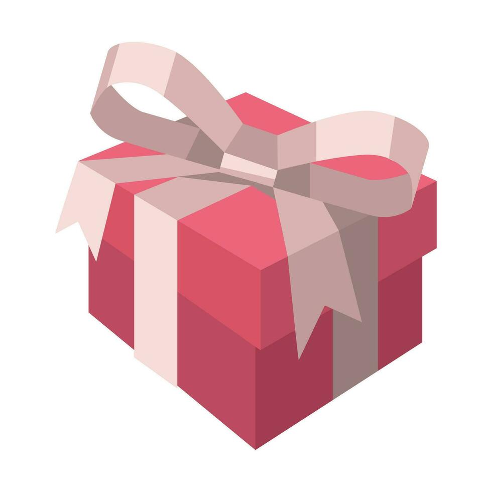 A square pink gift box with a ribbon bow. An illustration of three-dimensional isometric gifts. A Valentine's Day gift isolated on a white background. Delicate shades, geometric shapes vector