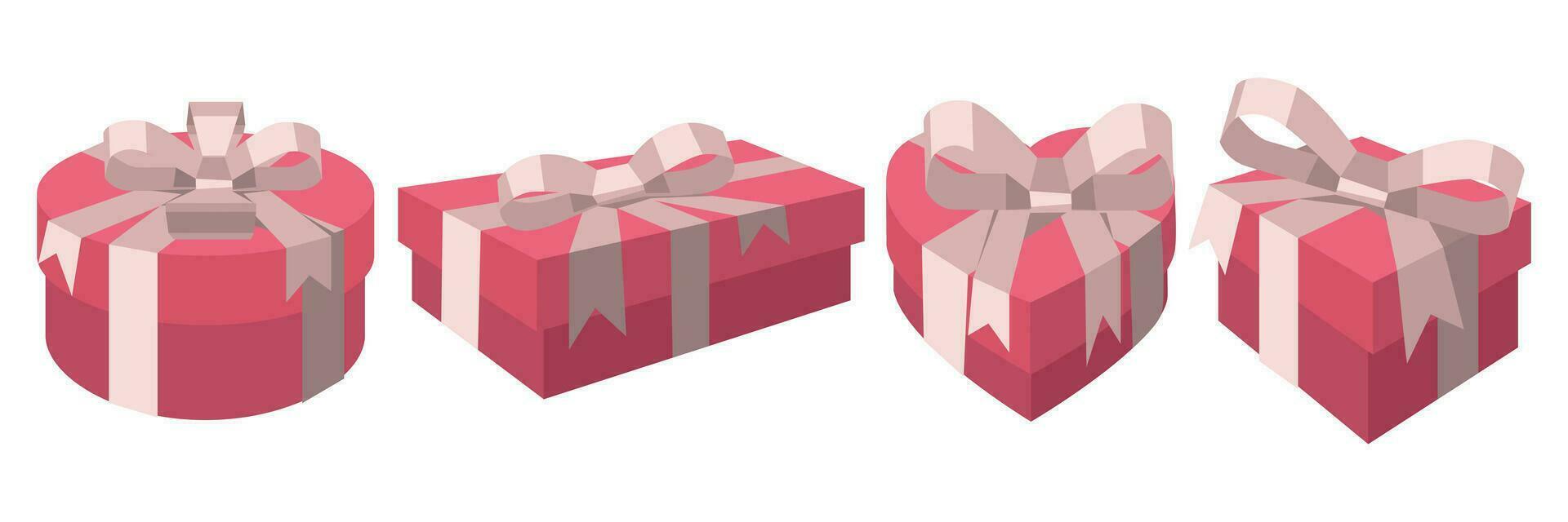 conjunto de regalo paquetes con rosado arcos y cintas realista tridimensional imagen. como un modelo para festivo decoración. vector ilustración el forma de el regalos es corazón, cuadrado, rectángulo, circulo