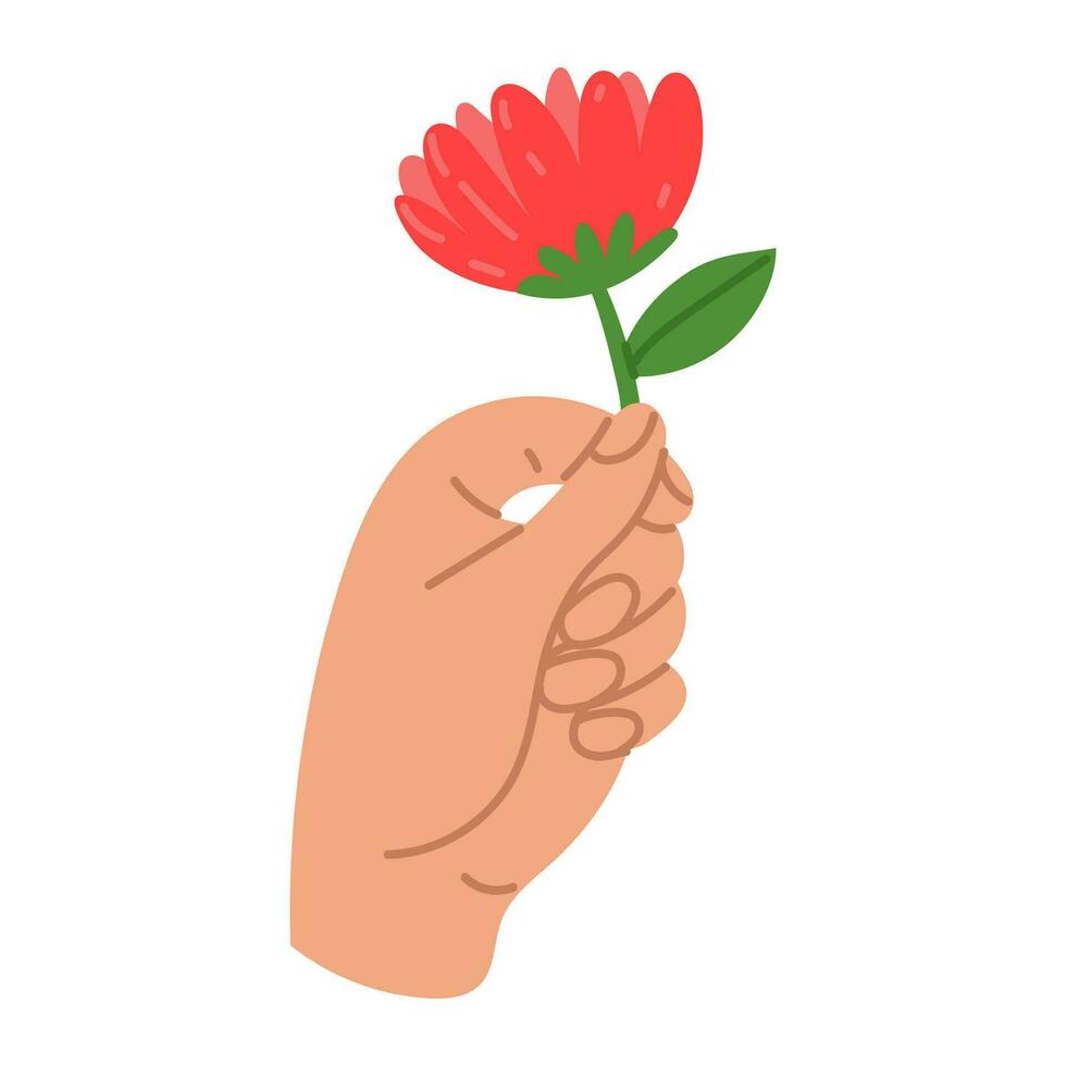 entrega terminado un flor. un mano sostiene un flor para un bandera, el Internet. el regalo es en tu mano. vector ilustración de un plano estilo. dedos participación un lozano rosado flor. un aislado mano con un regalo