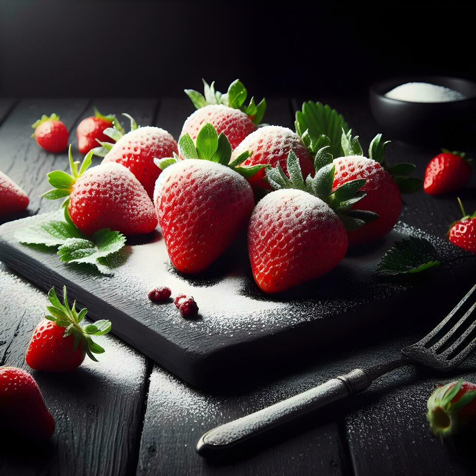 AI generated Strawberries on a black wooden table sprinkled with powdered sugar photo