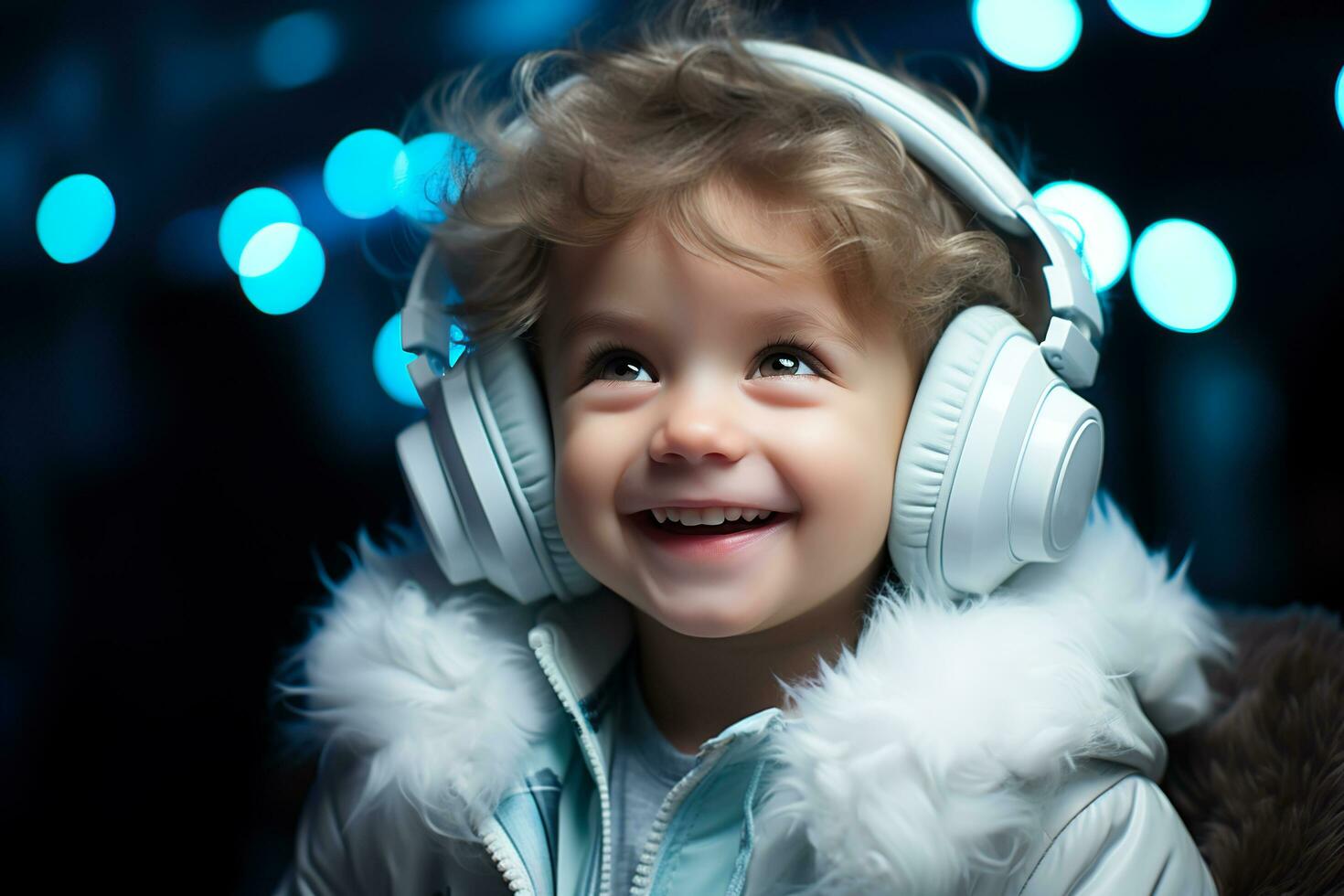 AI generated A Cute kid wearing a wireless headphone. Generative Ai. photo