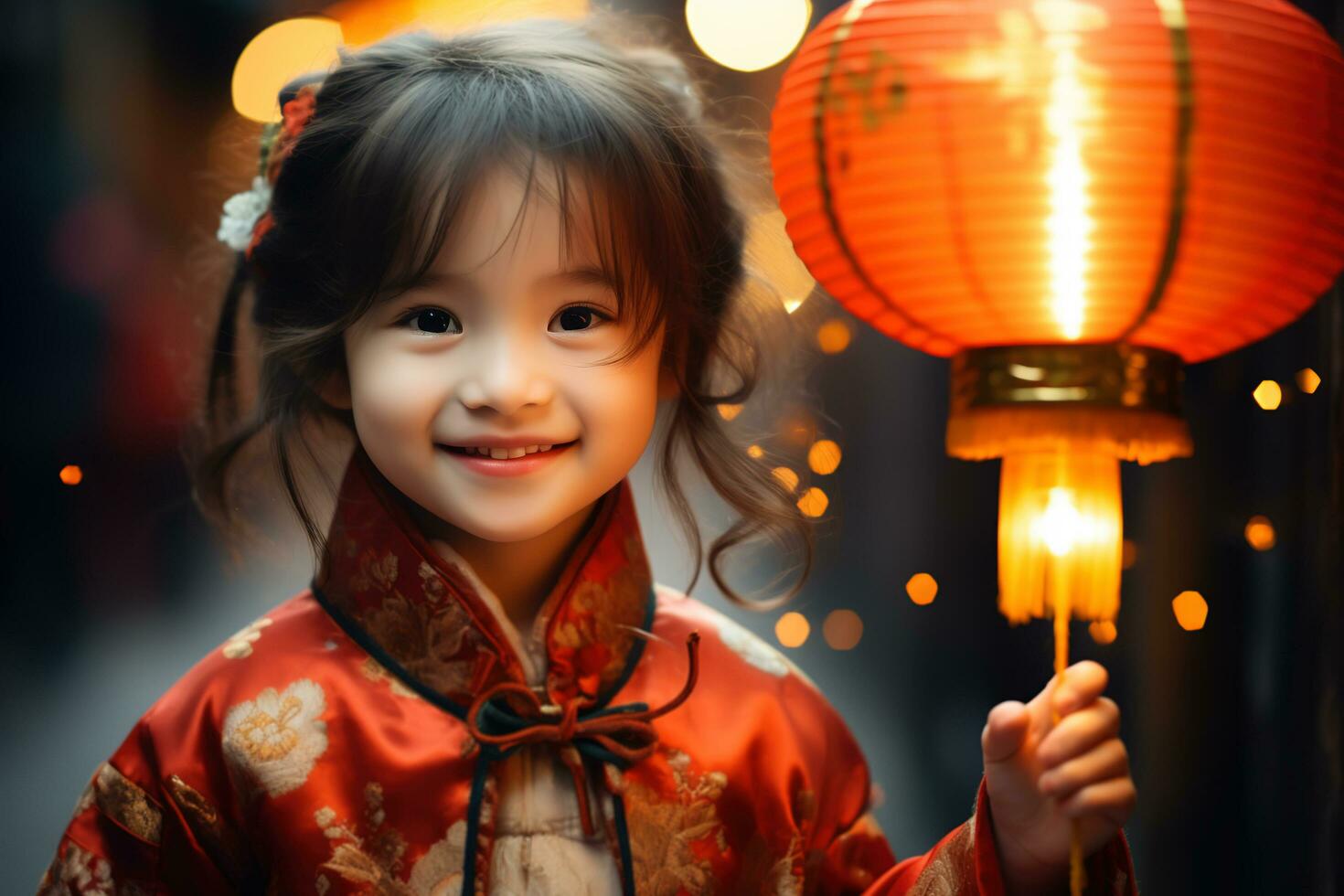 AI generated A cute Chinese girl wearing traditional clothes holding a lantern on Lunar New Year. Generative Ai. photo