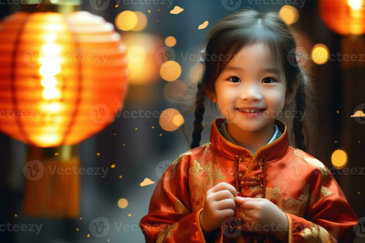 ai generado un linda chino niña vistiendo tradicional ropa participación un linterna en lunar nuevo año. generativo ai. foto