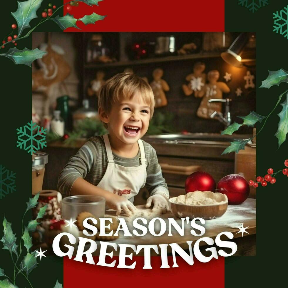 Season Greeting Red Green with Snowflakes and Mistletoe Post Template