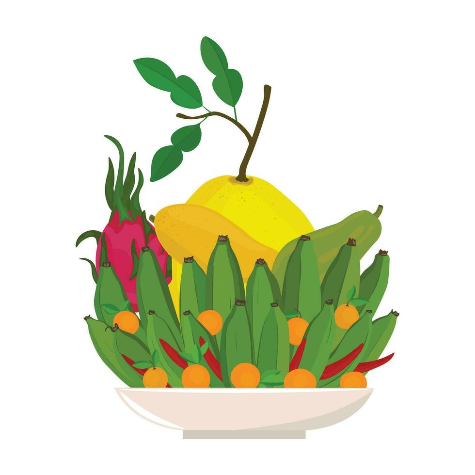 cinco frutas bandeja plano vector ilustración aislado en blanco antecedentes. cinco frutas bandeja en vietnamita tradicional nuevo año. elementos para tet Días festivos concepto. contento lunar nuevo año.
