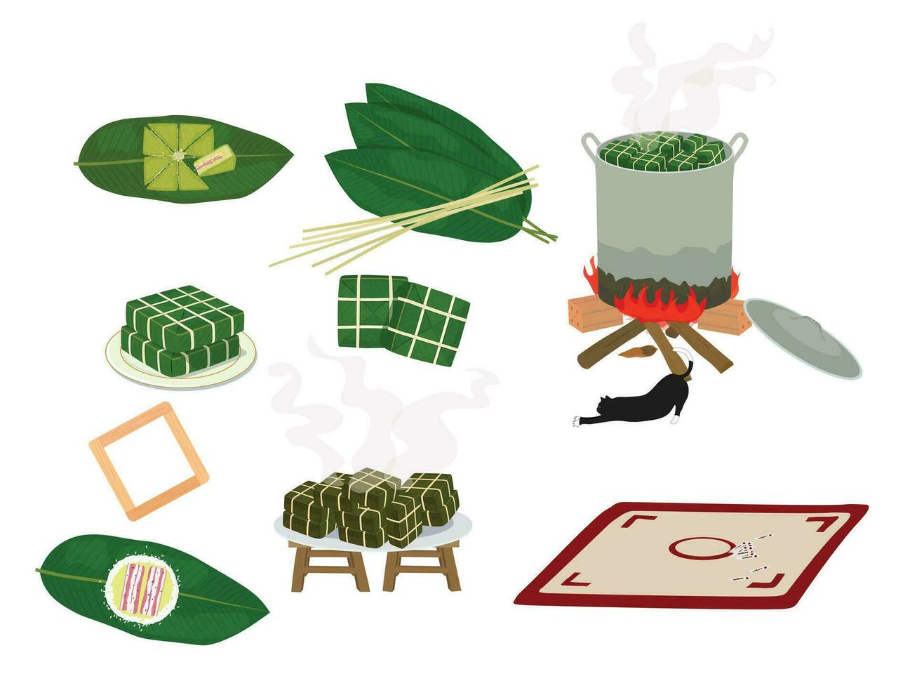 Set of Sticky rice cake, Banh chung, chung cake flat vector illustration isolated on white background. Elements for Tet holidays concept. Vietnamese traditional new year. Tet holiday. Tet festival.