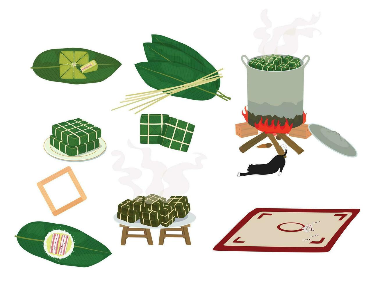 conjunto de pegajoso arroz pastel, banh Chung, Chung pastel plano vector ilustración aislado en blanco antecedentes. elementos para tet Días festivos concepto. vietnamita tradicional nuevo año. tet día festivo. tet festival.