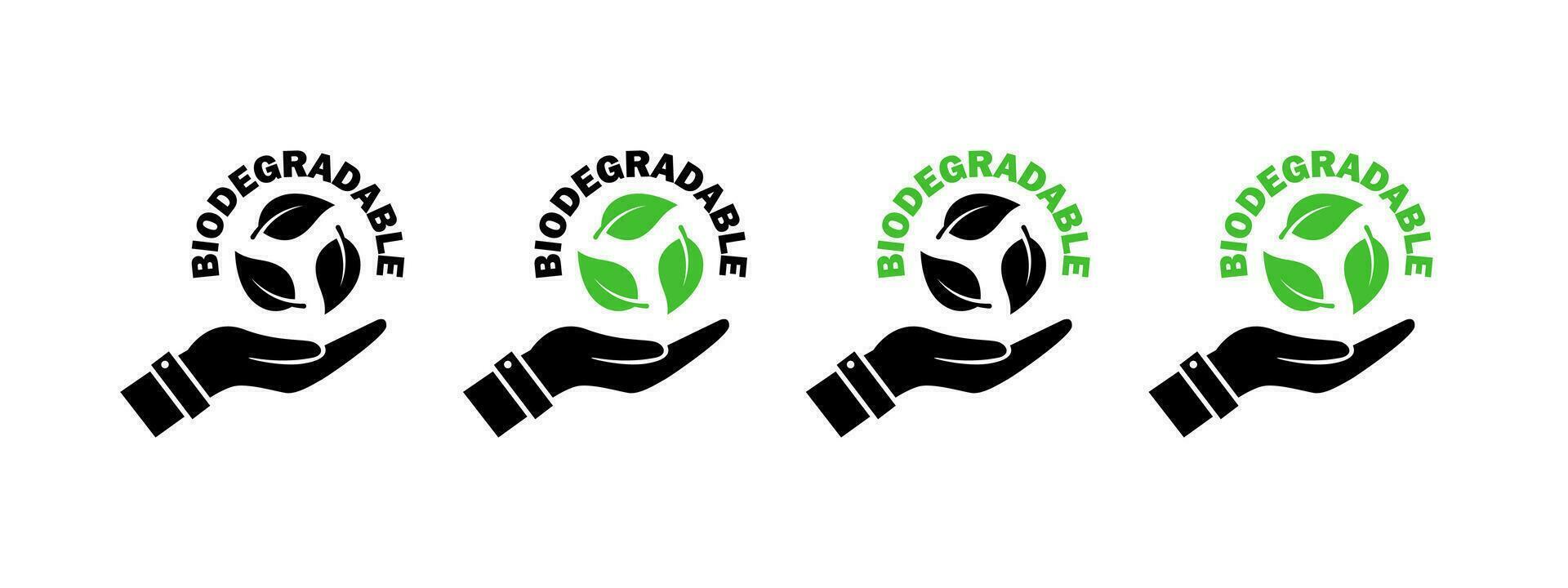 Biodegradable. Hands with icons. Icons of reusable plastic bio packaging. Vector icons