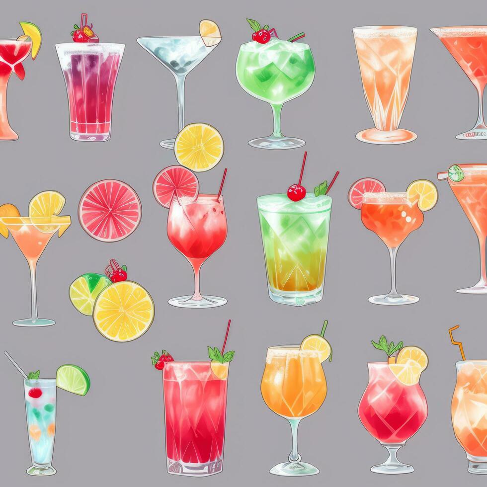 AI generated Cocktail Mocktail Drinks Collection Illustration Water Color Simple Background photo