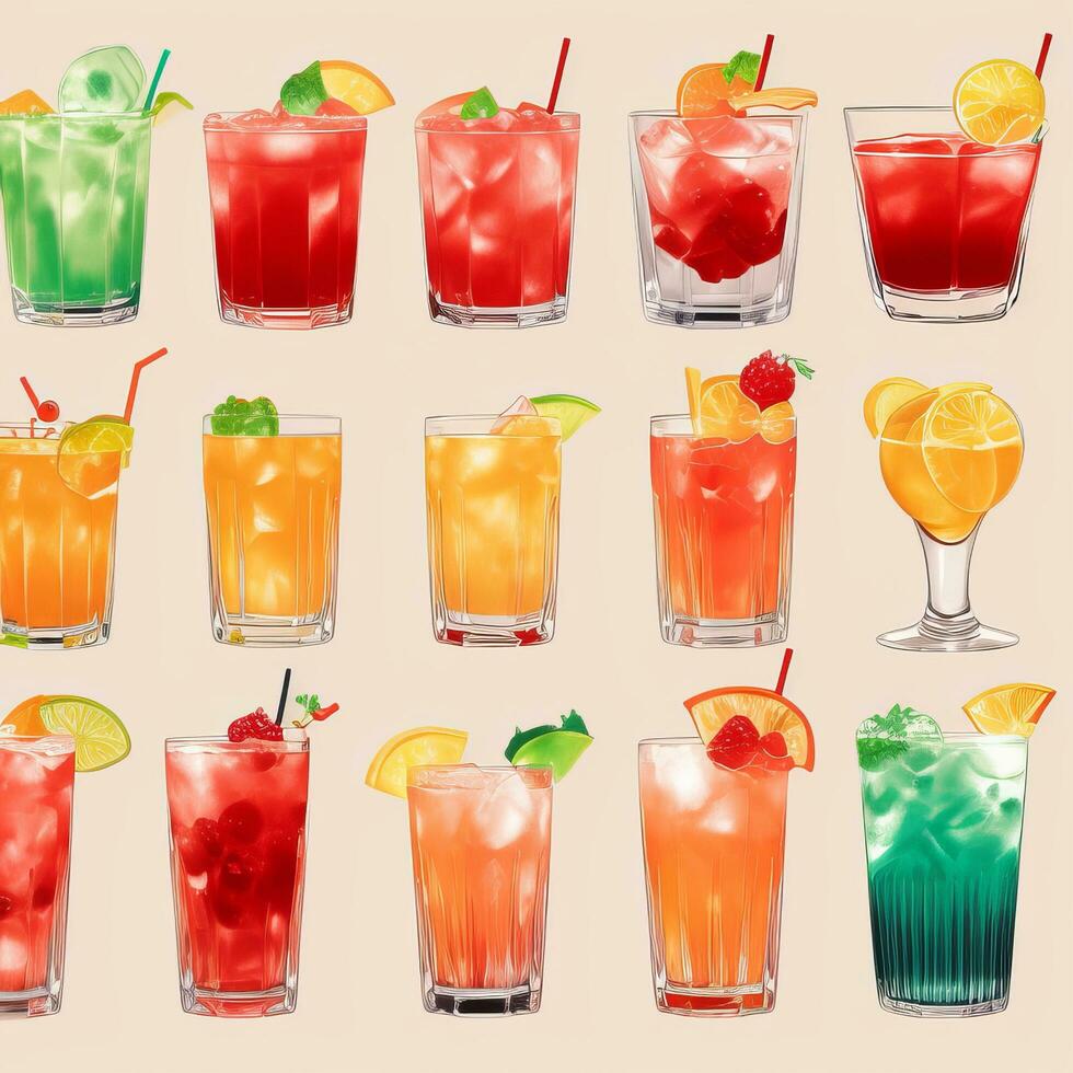 AI generated Cocktail Mocktail Drinks Collection Illustration Water Color Simple Background photo