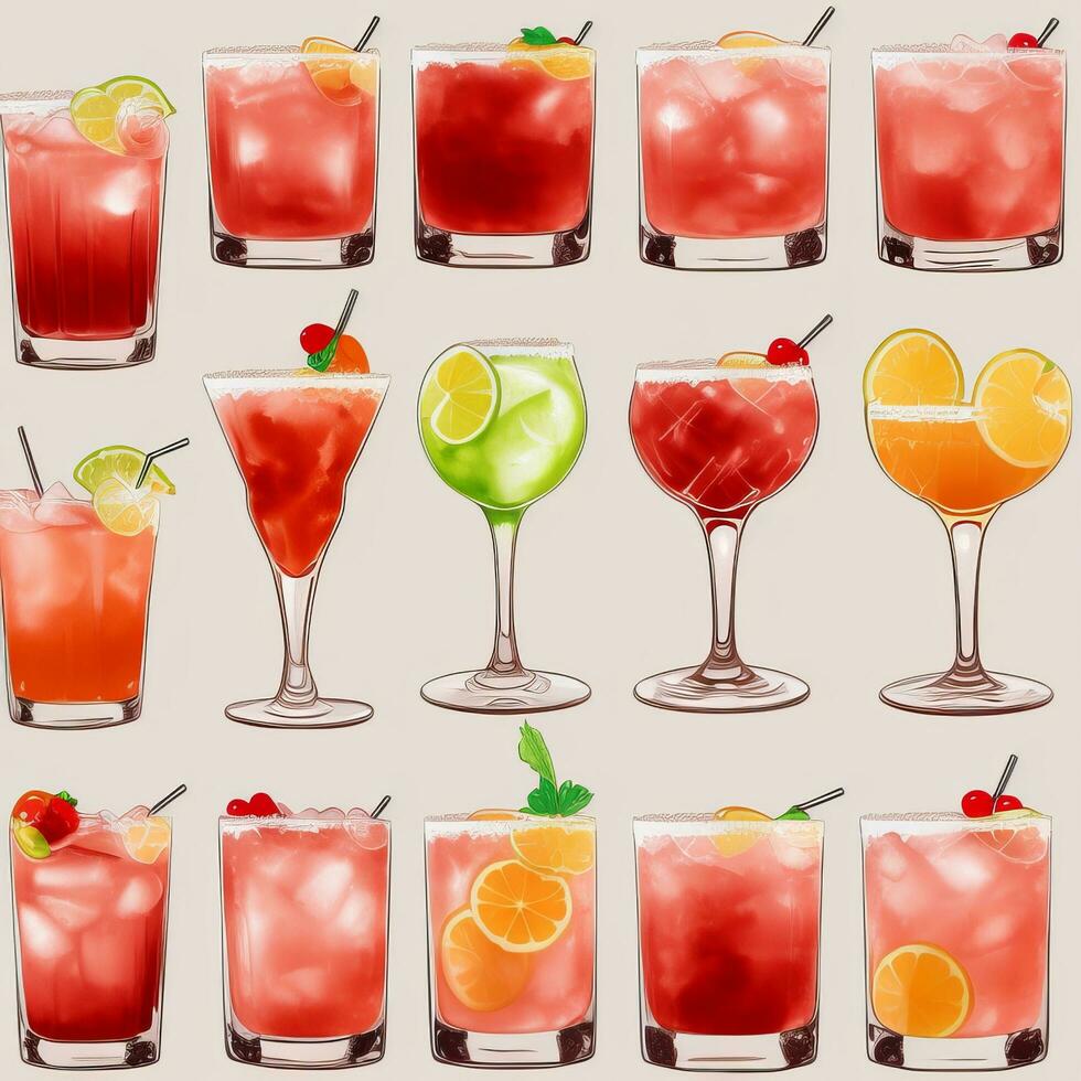 AI generated Cocktail Mocktail Drinks Collection Illustration Water Color Simple Background photo