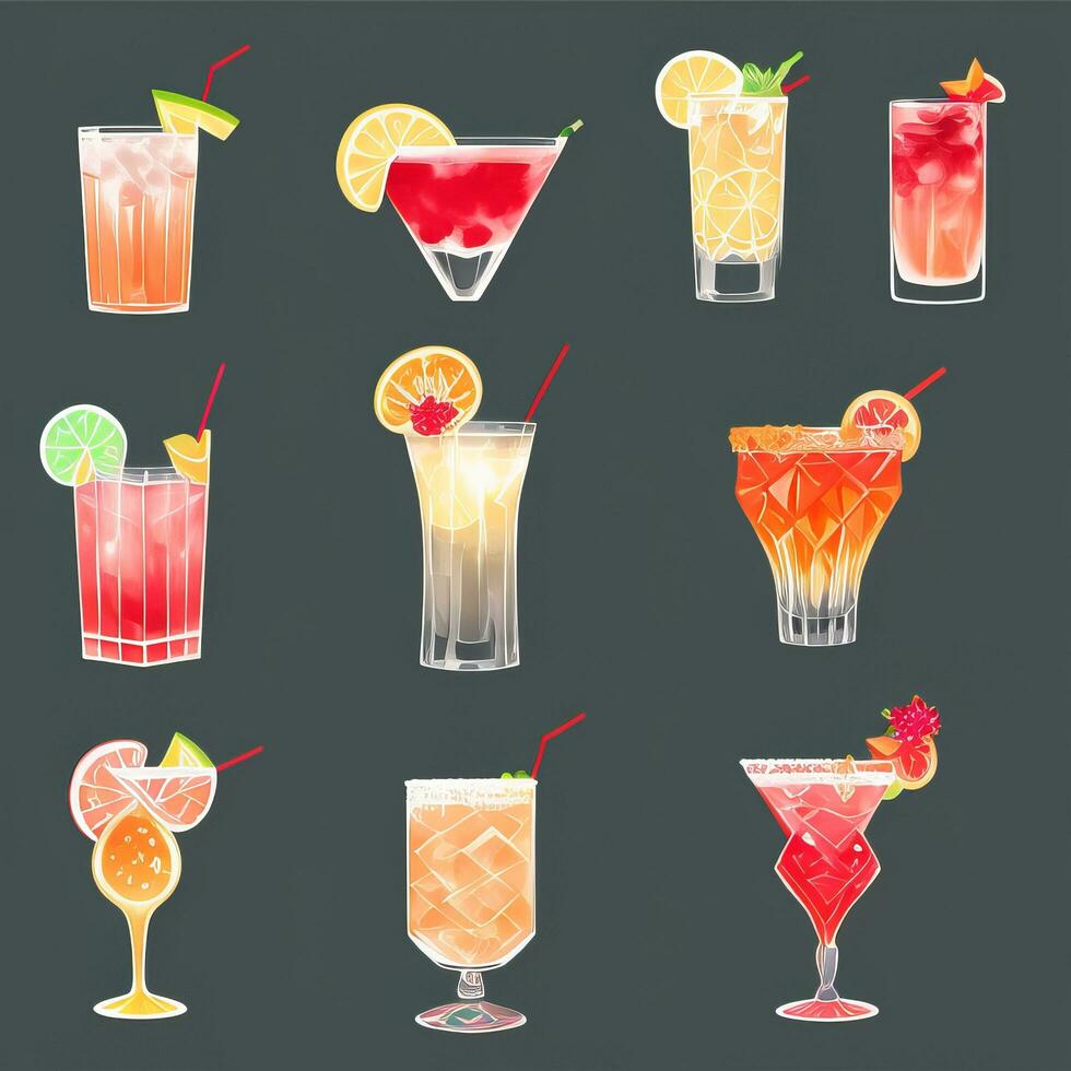 AI generated Cocktail Mocktail Drinks Collection Illustration Water Color Simple Background photo