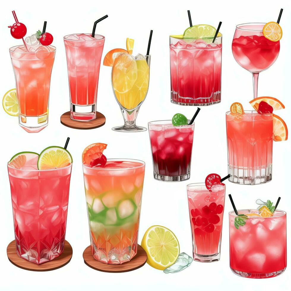 AI generated Cocktail Mocktail Drinks Collection Illustration Water Color Simple Background photo