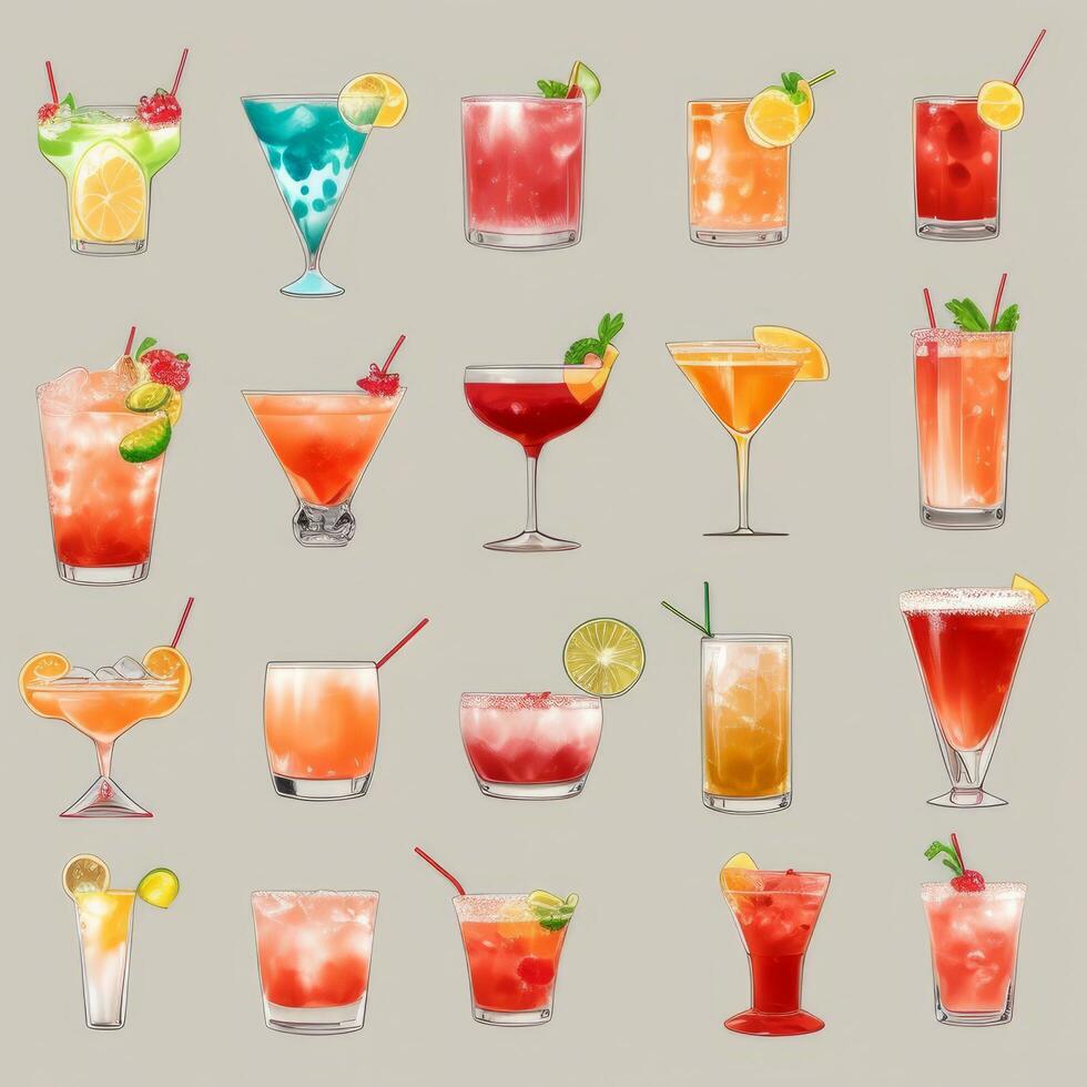 AI generated Cocktail Mocktail Drinks Collection Illustration Water Color Simple Background photo