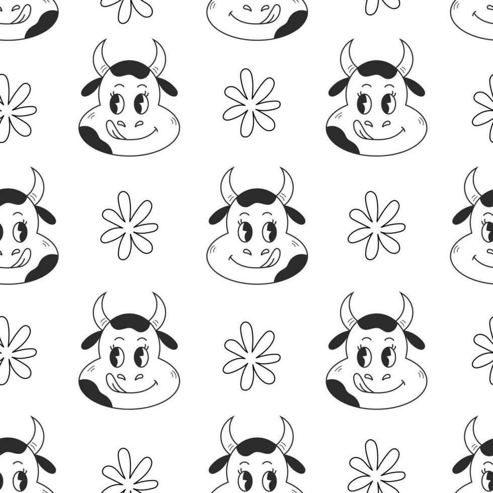 Cow licks seamless pattern with chamomile in doodle style vector
