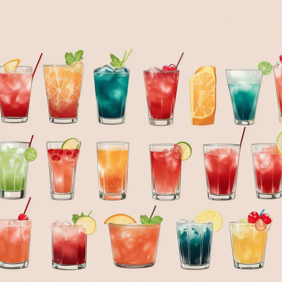 AI generated Cocktail Mocktail Drinks Collection Illustration Water Color Simple Background photo
