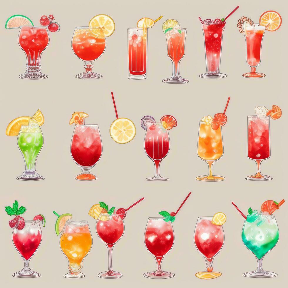 AI generated Cocktail Mocktail Drinks Collection Illustration Water Color Simple Background photo
