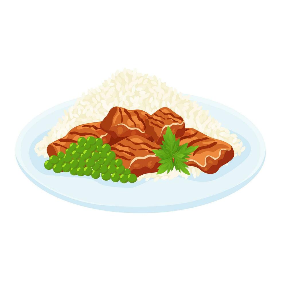 Fried pieces of meat with boiled rice, green peas, parsley, cilantro isolated on white background. Rice dish. Healthly food. Vector illustration.