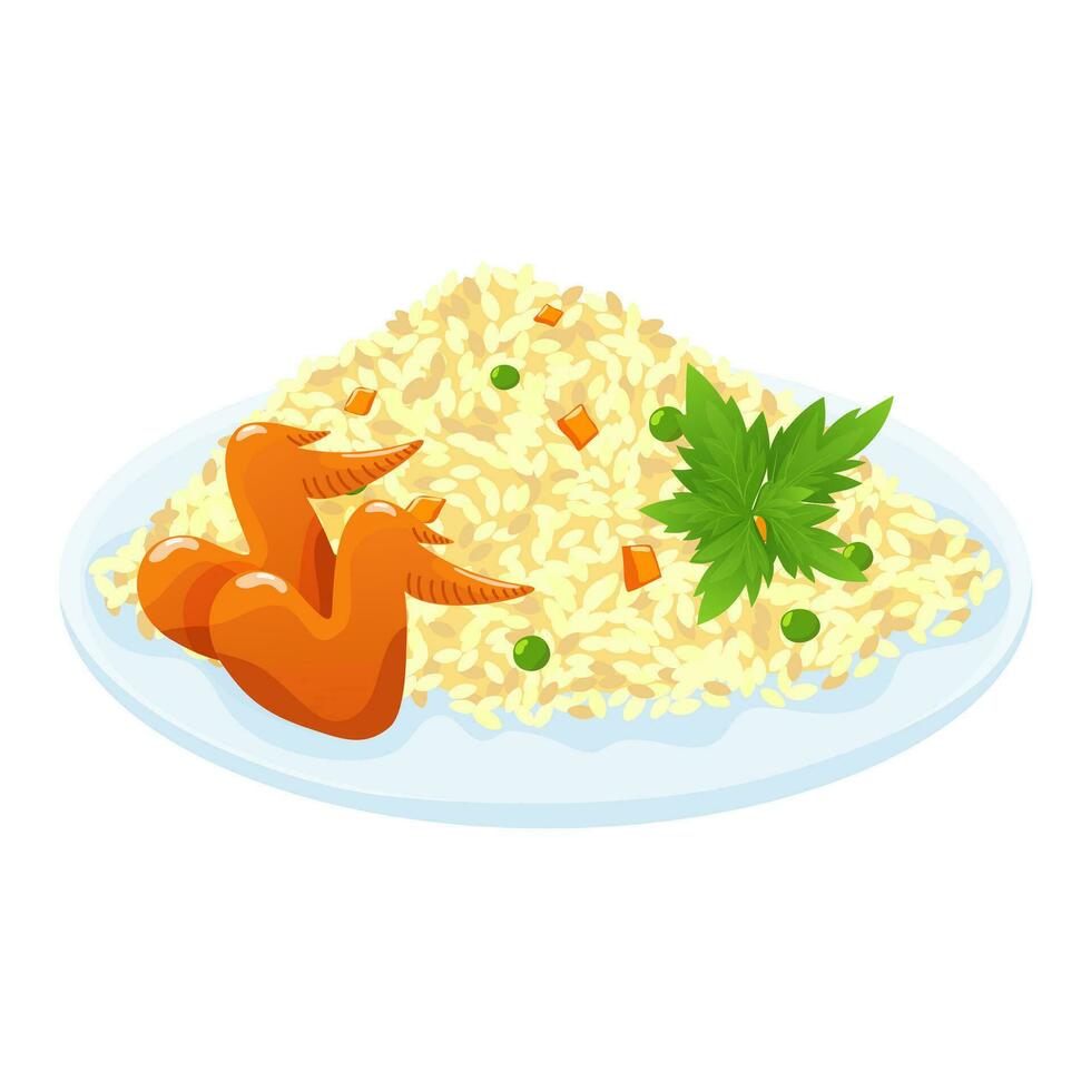 arroz con blanco pollo carne, hierbas y vegetales. marinado frito pollo con arroz en un plano lámina. vector ilustración.