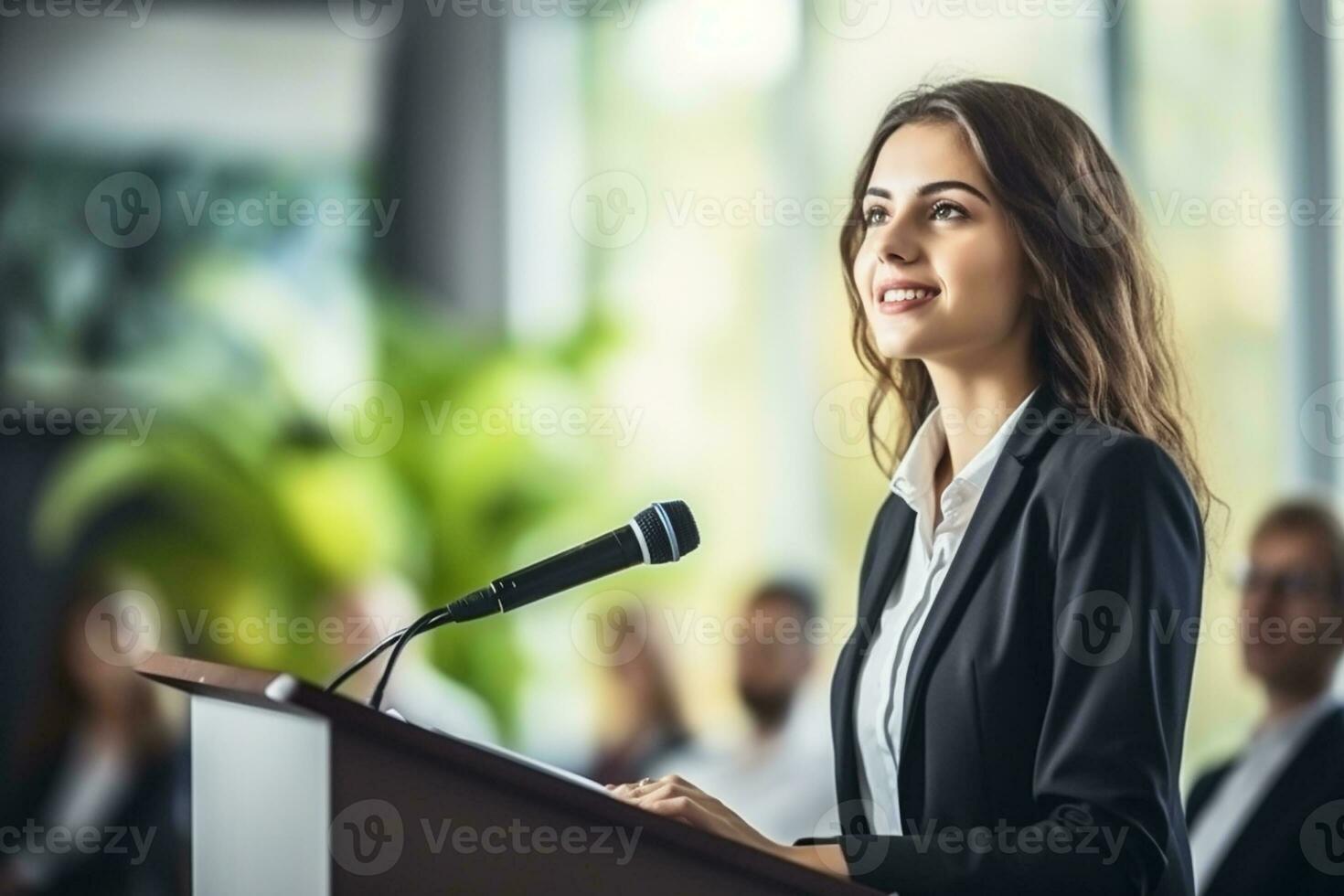 AI generated Female speaker giving a talk on corporate business conference. Unrecognizable people in audience at conference hall. Business and Entrepreneurship event photo