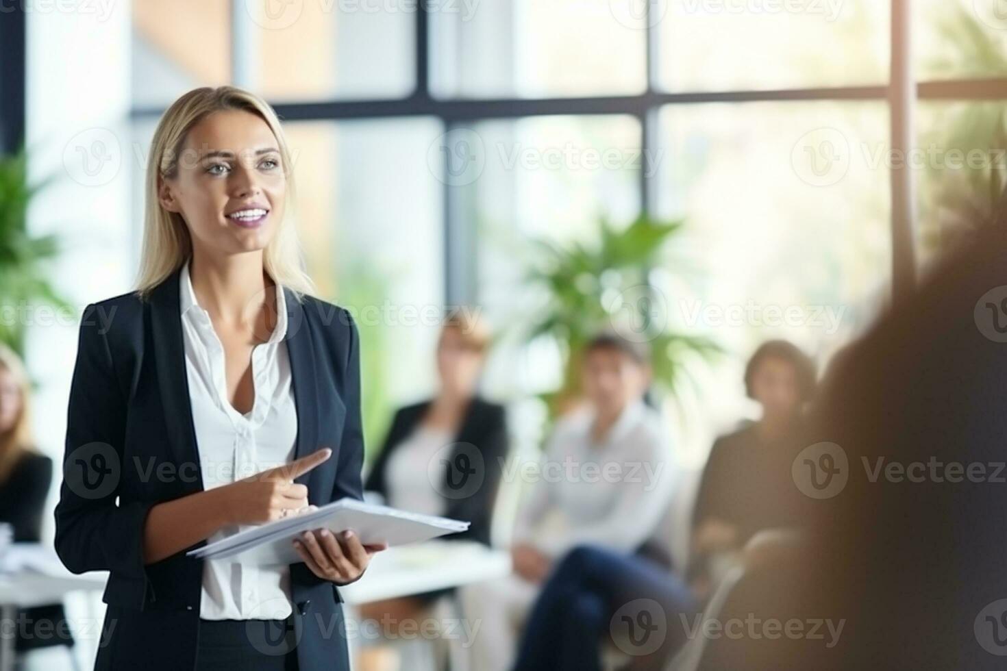 AI generated Female speaker giving a talk on corporate business conference. Unrecognizable people in audience at conference hall. Business and Entrepreneurship event photo