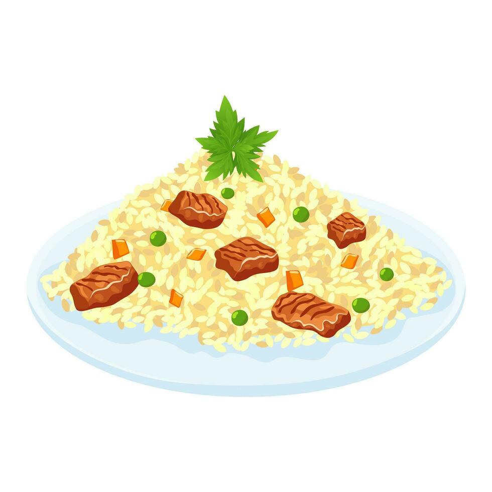 arroz gachas de avena con carne y vegetales aislado en blanco antecedentes. arroz plato. saludablemente alimento. vector ilustración.