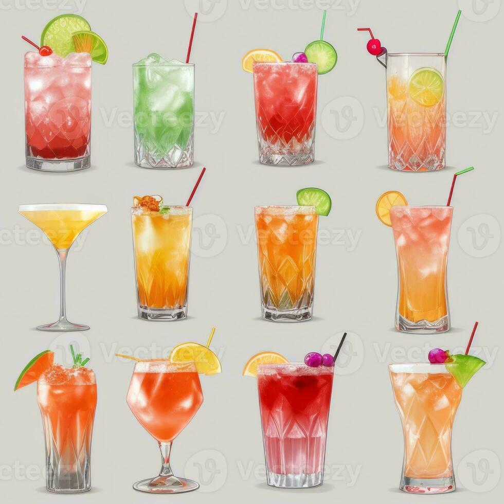 AI generated Cocktail Mocktail Drinks Collection Illustration Water Color Simple Background photo