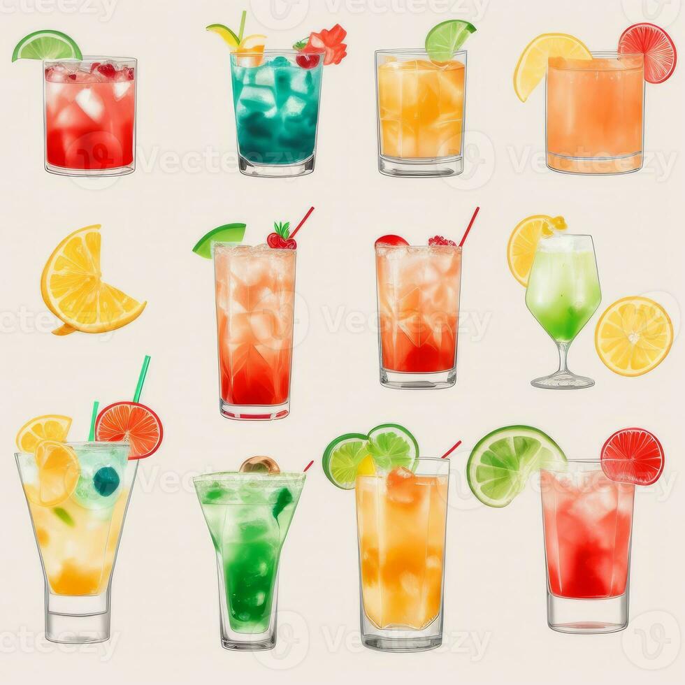 AI generated Cocktail Mocktail Drinks Collection Illustration Water Color Simple Background photo