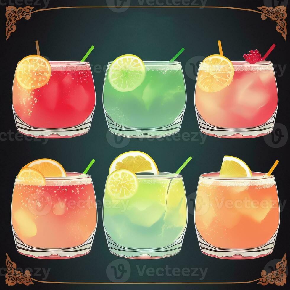 AI generated Cocktail Mocktail Drinks Collection Illustration Water Color Simple Background photo