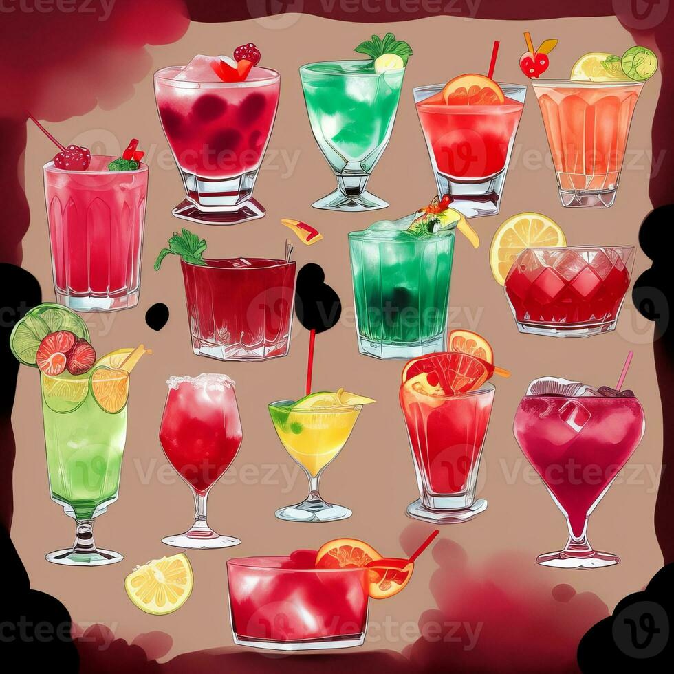 AI generated Cocktail Mocktail Drinks Collection Illustration Water Color Simple Background photo