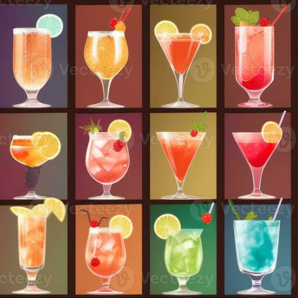 AI generated Cocktail Mocktail Drinks Collection Illustration Water Color Simple Background photo